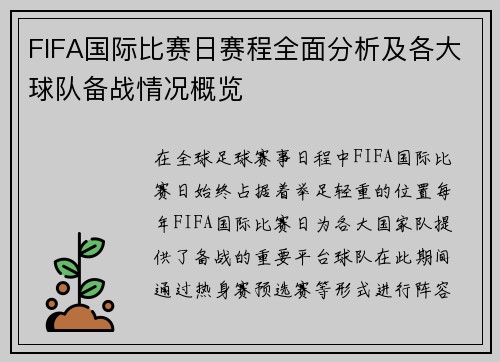 FIFA国际比赛日赛程全面分析及各大球队备战情况概览